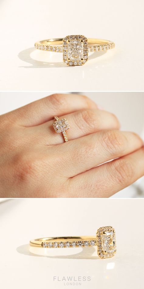 gold radiant halo engagement ring Squar Rings, Square Diamond Gold Band Engagement Ring, Rectangle Halo Engagement Ring, Radiant Halo Engagement Ring Gold, Women Wedding Rings Gold, Gold Square Ring, Engagement Rings Gold Square, Square Engagement Rings Gold, Marriage Ring Gold