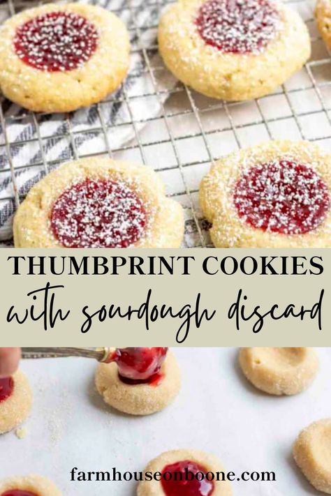 These delicious traditional cookies are a must have simple recipe for any get together! They are filled with a raspberry jam on a sugar cookie base. However, these cookies include sourdough discard to give them a unique taste! Get the recipe on Farmhouse on Boone's Blog! Farmhouse On Boone Sourdough Cookies, Farmhouse On Boone Sugar Cookies, Sourdough Cookies Farmhouse On Boone, Sourdough Discard Thumbprint Cookies, Sourdough Cut Out Cookies, Best Sourdough Cookies, Berry Sourdough Bread, Sourdough Discard Molasses Cookies, Sourdough Snowball Cookies