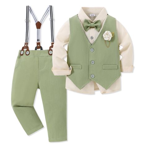 PRICES MAY VARY. 5-Pieces Formal Suit Set: This toddler suit including 1PC long sleeve dress shirt+ 1PC vest + 1PC suspender pants + 1PC detachable bow tie + 1PC elegant boutonniere. Material: Made of great cotton blend fabric, soft and breathable, and skin-friendly for your little boy. Design: Toddler boy dress clothes, classic color matching detachable bowtie and suspender pants. You'll never worry about how to match your cute boy! Occasion: The toddler boy gentleman outfits are designed for w Ring Boy Outfits, Toddler Wedding Outfit Boy, Outfit Bautizo, Elegant Boutonniere, Toddler Boy Dress Clothes, Toddler Suit, Formal Dress Shirt