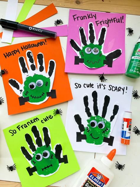 frankenstein handprints Kindergarten Crafts October, Easy Classroom Halloween Crafts, Trick Or Treat Crafts For Kids, Frankinstine Craft, Halloween Paint Crafts, October Toddler Activities, Handprint Halloween Crafts For Kids, October Toddler Crafts, Monster Crafts For Toddlers