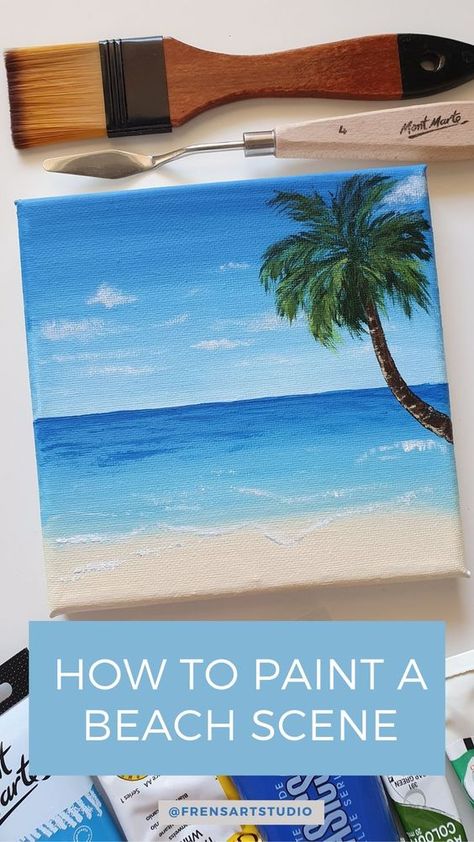 Fan Brush Painting, Brush Painting Art, Beachy Paintings, Etsy Christmas Ornaments, Tropical Beach Painting, Acrylic Seascape, Beach Canvas Paintings, Beginners Landscaping, Beach Scene Painting