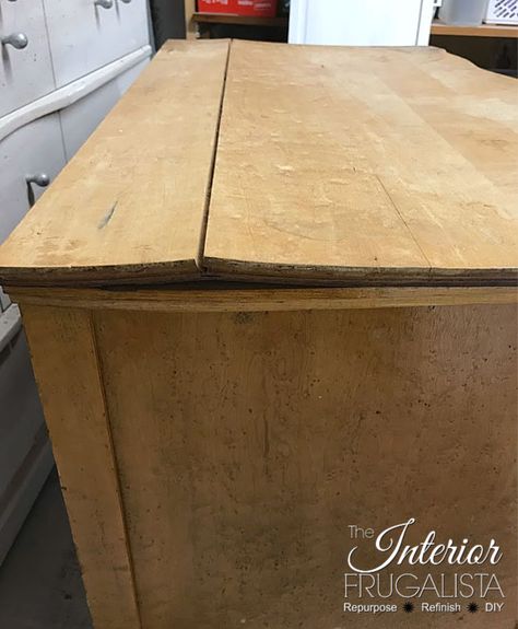 Serpentine Dresser Makeover with buckled wood and missing veneer top | The Interior Frugalista Dresser Top Makeover, Decoupage Dresser, Serpentine Dresser, Top Of Dresser, Dresser Redo, Pine Dresser, Dresser Top, Decoupage Furniture, Floral Napkins