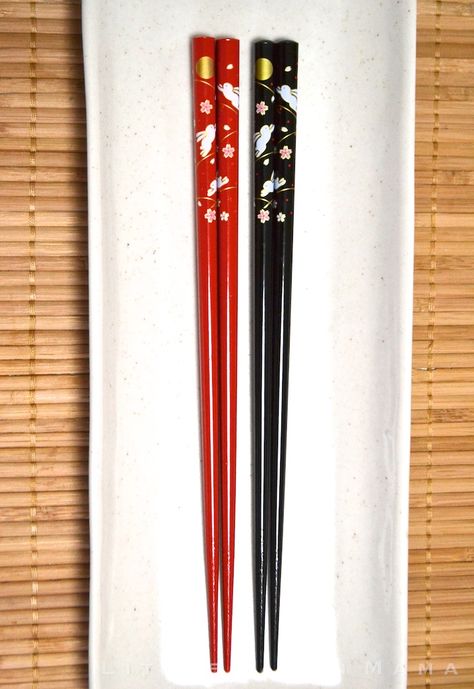 Laquered Wood Chopsticks - Yume Usagi Cool Chopsticks, Japanese Look, Whimsical Moon, Traditional Japanese Design, Moon Rabbit, Pearl River, Rabbit Design, Look At The Moon, Chopstick Rest