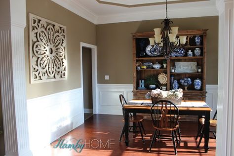 Wall Color is Sherwin Williams Sandy Ridge Cabin Colors, Yellow Paint Colors, Taupe Walls, Inexpensive Decor, Fall Table Runners, Best Paint Colors, The Dining Room, Breakfast Table, A Work In Progress