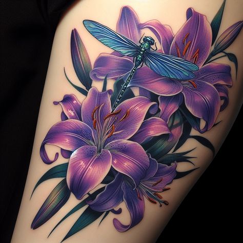 neo japanese style tattoo of purple lillies and a - Image Creator from Microsoft Designer Dragonfly Tattoo Purple, Lillie Tattoos For Women, Purple Lily Tattoo, Lily Tattoos For Women, Lilly Tattoo Design, Neo Japanese, Japanese Style Tattoo, Lilly Tattoo, Dragonfly Tattoos