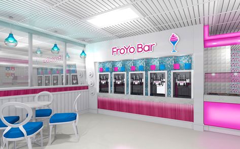 FroYo Bar frozen yogurt shop design by Mindful Design Consulting Dessert Shop Design, Froyo Bar, Shop Interior Design Ideas, Frozen Fruit Bars, Frozen Yogurt Bar, Juice Store, Grocery Store Design, Yogurt Bar, Frozen Yogurt Shop