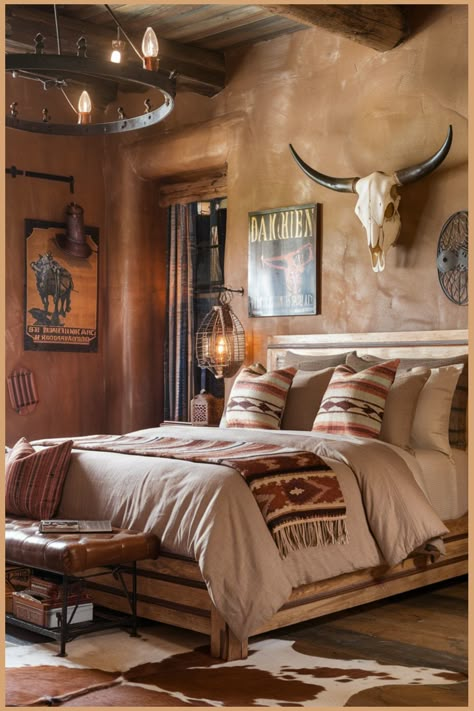 Rustic bedroom with a bed adorned in patterned textiles, a cow skull wall decoration, leather accents, and warm, earthy tones. Mens Aesthetic Bedroom, Western Room Theme, Diy Western Bedroom, Cute Western Bedroom Ideas, Small Western Bedroom Ideas, Western Gothic Bedroom, Cowboy Themed Bedroom, Cowboy Bedroom Boys, Simple Western Home Decor