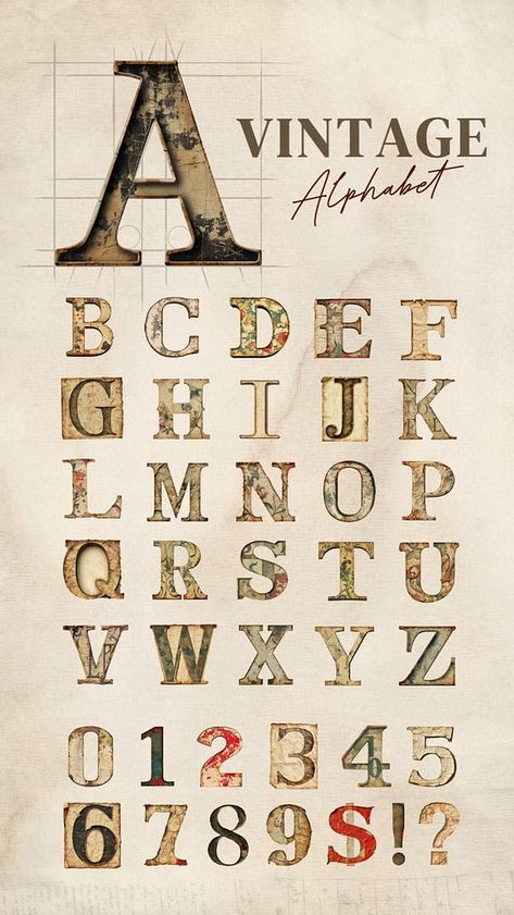 Font Vintage Alphabet, Font Ideas Aesthetic, Vintage Alphabet Fonts, Alphabet Design Creative, Happy Birthday Font Aesthetic, Font Huruf A-z Aesthetic, Huruf Aesthetic, Alphabet Aesthetic, Vintage Fonts Alphabet