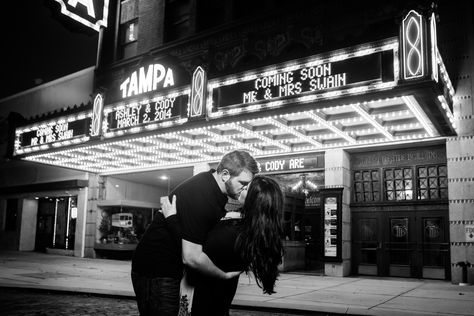 Movie Theatre engagement announcement. Tampa Theatre. Downtown Tampa. Zee Anna Photography Creative Engagement Announcement, Classic Movie Theaters, Tampa Theatre, Engagement Photos Tips, Save The Date Pictures, Wedding Engagement Pictures, Outdoor Engagement Photos, Movie Theatre, Vintage Photoshoot