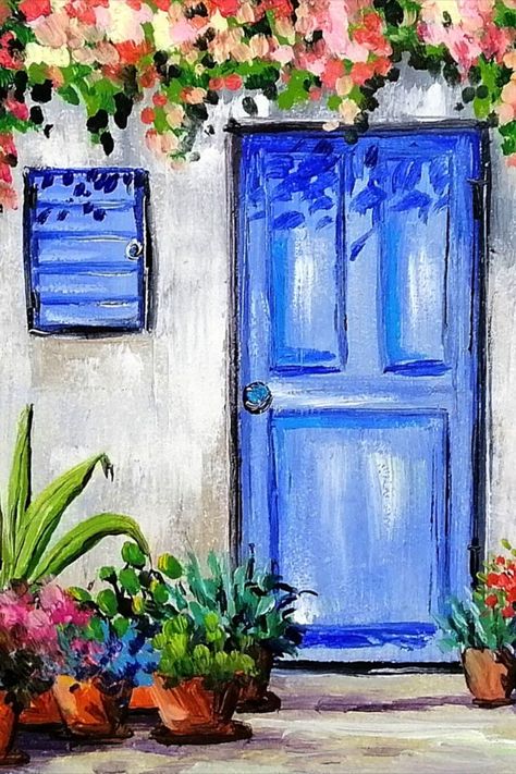 Greece Drawing, Rome Painting, Sakura Painting, Skyline Artwork, Greece Painting, Door Card, Mediterranean Art, Greece Art, Greek Blue