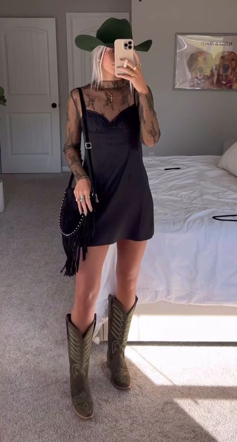 Slip Dress Outfit Layering, Silk Dress Cowboy Boots, Ella Langley Outfits, Ootd Vaquero, Black Slip Dress Outfit, Missy Higgins, Dress Cowboy Boots, Nashville Style Outfits, Dress And Cowboy Boots