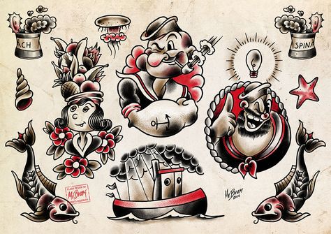 "Popeye Tattoo Flash" by Jesper Bram  http://popeyeartshow.tumblr.com/https://www.facebook.com/events/906739306021159/?fref=tswww.herocomplexgallery.com Vintage Tattoo Men, Popeye Tattoo, Popeye Cartoon, Vintage Style Tattoos, Popeye The Sailor Man, Traditional Tattoo Sleeve, Flash Sheet, Tattoo Flash Sheet, Traditional Tattoo Design