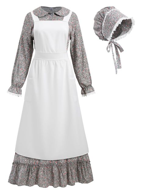 PRICES MAY VARY. Prairie Dress for Women Features -- This pastoral style dress has a very design sense, The floral print reminiscent of the print dresses that women on the prairie would wear. Peter Pan collar with 4 buttons for easy put on and take off and a unique ruffle formed on the chest. The trumpet sleeves decorated with white lace, the upper elastic band will not strangle the wrist. Well made with stretchy waist, won't make you feel bound. Pioneer Bonnet and Apron Features -- The pioneer Western Dress Pattern, Amish Costume, 1800s America, Trek Clothing, Prairie Bonnet, Pioneer Bonnet, Colonial Costume, Pioneer Clothing, Pioneer Dress