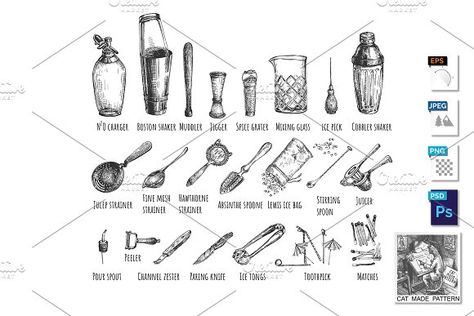 Bartender equipment and tools set by CatMadePattern on @creativemarket Bartender Equipment, Bartender Tattoo Ideas, Cocktail Tattoo, Bar Tattoo, Bartender Set, Bartender Tools, Ice Pick, Bar Spoon, Carpentry Tools