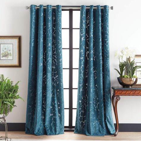 PRICES MAY VARY. Woven GROMMET CURTAINS Cut velvet curtain panels from Martha Stewart's Skylands Traditional and Elegant Window Collection VERSATILE Enjoy the comfort of your home with Martha Stewart velvet embossed curtains in a botanical print; Velvet window panels are the perfect stylish accent for any home with a transitional or traditional style decor; Long Martha Stewart curtains drape gracefully around any window to add drama and interest in your space; Cut velvet curtain panels are an ea Teal Curtains, Velvet Design, Grommet Panels, Decor Pillows, Velvet Curtains, Colorful Curtains, Grommet Curtains, Window Panels, Curtain Panels