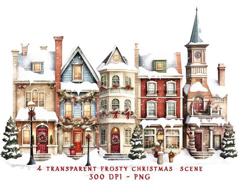 Christmas Village Clipart, Christmas Village Watercolor, Christmas Village Aesthetic, Christmas Town Illustration, Christmas Village Illustration, Christmas Village Art, Farmhouse Clipart, Vintage Christmas Village, House Png