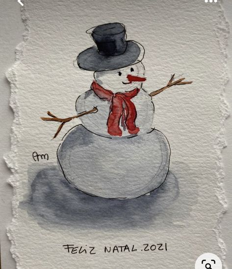 Christmas Drawing Ideas Watercolor, Painting Of Snowman, Aesthetic Snowman Drawing, Christmas Card Ideas Snowman, Snowman Drawing Aesthetic, Christmas Cards Painted Watercolor, Snowman Watercolor Christmas Cards, Watercolor Postcards Christmas, Diy Christmas Card Watercolor