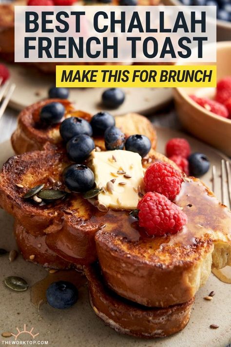 Make the best Challah French Toast with this simple recipe! You'll love this french toast recipe in the morning for breakfast or brunch. It's simple enough to make everyday, and decadent enough to have on special occasions. Get the recipe on www.theworktop.com. || #challah #frenchtoast #theworktop Challa French Toast, French Toast Bread Machine Recipe, Baked Challah French Toast, French Toast Recipe Challah, Bobby Flay French Toast, French Toast With Challah Bread, The Best French Toast Recipe, French Toast Recipe For 2, French Toast Challah Bread