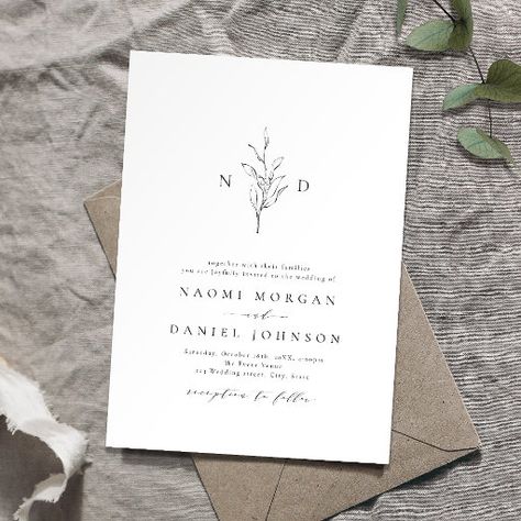 Simple elegance botanical monogram rustic wedding Invitation Modern Classic Wedding, Botanical Monogram, Boho Wedding Invitation Template, Black And White Wedding Invitation, Popular Wedding Invitations, Font Simple, Botanical Garden Wedding, Minimalist Invitation, Rustic Wedding Invitation