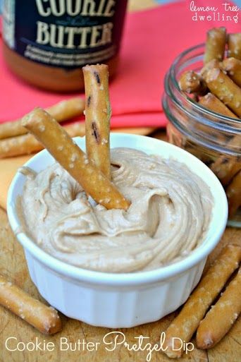 Cookie Butter Pretzel Dip Pretzels Sticks, Easy Dessert Dips, Lemon Tree Dwelling, Butter Pretzels, Pretzel Dip, Sweet Dips, Cookie Butter, Butter Cookies Recipe, Dessert Dips