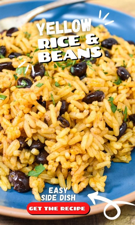 Enjoy yummy yellow rice and black beans as a delicious side dish! Flavorful, satisfying, and perfect for any meal. Meals With Yellow Rice, Yellow Rice Dishes Meals, Black Beans And Yellow Rice, Yellow Rice And Black Beans Recipe, Rice And Black Beans Recipe, Chicken Yellow Rice Black Beans, Yellow Rice And Beans, Rice Spices, Yellow Basmati Rice