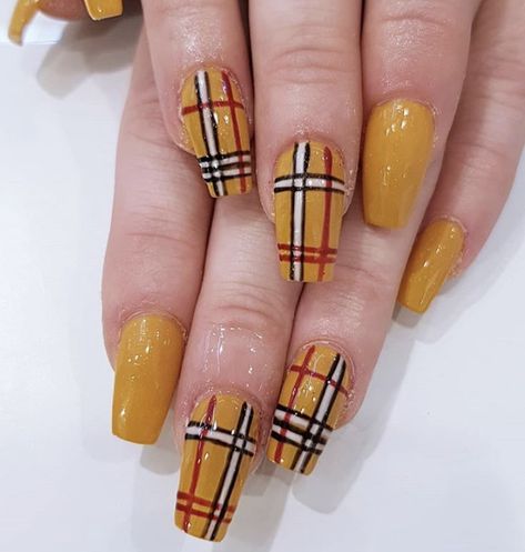 #acrylics #nails #naildesigns #nailinspo Yellow Plaid Nails, Mustard Nails Design, Plaid Nail Designs, Acrylics Nails, Fancy Nail Art, Negative Space Nails, Space Nails, Plaid Nails, Yellow Nails