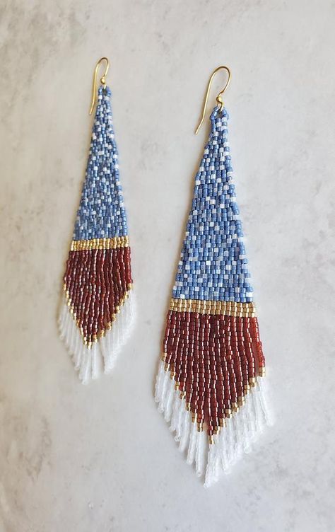 Fourth Of July Earrings, Handwoven Earrings, Flag Earrings, Patriotic Earrings, Stitch Jewelry, Bead Tutorials, Miyuki Delica Beads, Beaded Earrings Diy, Beaded Earring