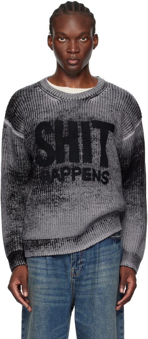 Find R13 Black & Gray Boyfriend Sweater on Editorialist. Rib knit merino wool sweater. Reverse printing effect throughout. · Crewneck · Needle-punched text appliqués at chest · Dropped shoulders Supplier color: Distressed black Boyfriend Sweater, Anti Fashion, Type Shi, Distressed Sweaters, Knit Men, Alt Fashion, Knitwear Men, Merino Wool Sweater, Shoulder Sweater