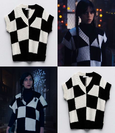 Wednesday Addams Checkered Vest, Wednesday Checkered Vest, Checkered Vest Outfits, Wednesday Addams Vest, Checker Vest Outfit, Wednesday Inspired Outfit, Wednesday Addams Style, Knitted Vest Outfit, Addams Family Characters