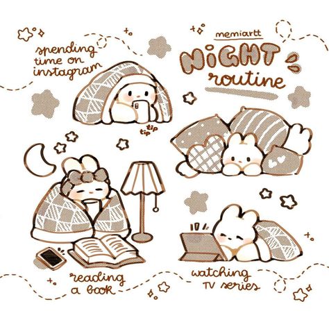 Good Night Drawing Cute, Cute Easy Doodles, Time Routine, 그림 낙서, Illustration Cute, Perfect Night, Night Time Routine, 캐릭�터 드로잉, Cute Doodles Drawings