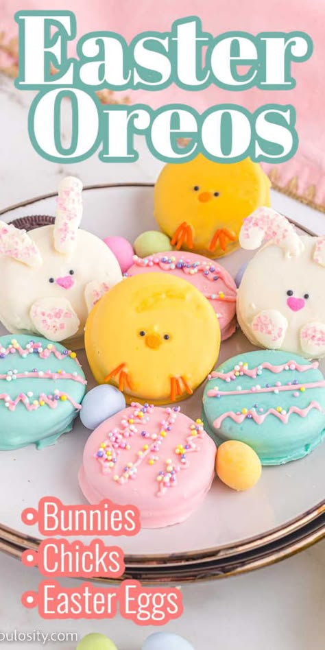 Oreos decorated for Easter in bunny, egg, and chick shape, all laying on white plate. Easter Oreos, Easter Candy Recipes, Easter Sweet Treats, Easter Deserts, Oreo Treats, Easy Easter Treats, Easter Party Food, Easter Foods, Easter Snacks