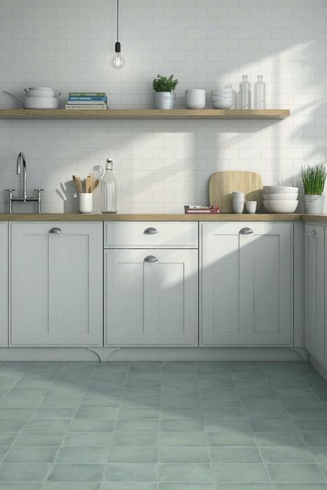 Kitchen featuring a White Subway Backsplash Tiles and Aqua Porcelain Floor Tile. Aqua Tiles, Brick Look Tile, Green Flooring, Flooring Store, Kitchen Wall Tiles, Kitchen Floor Tile, Tile Stores, Kitchen Tile, Ceramic Kitchen