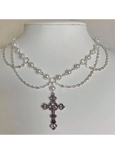 Antique Silver  Collar  Zinc Alloy   Embellished   Women Fashion Jewelry Layered Cross Necklace, Cross Rosary, Gothic Cross, Handmade Beaded Necklaces, Beaded Cross, Handmade Wire Jewelry, Layered Jewelry, A Necklace, Victorian Gothic