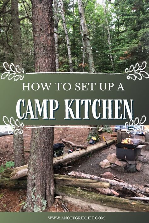 Diy Camp Kitchen, Camping Kitchen Set Up, Camping Cooking Equipment, Campfire Dinners, Canning Kitchen, Outdoor Camping Kitchen, Camping Menu, Camping Snacks, Weekend Camping Trip