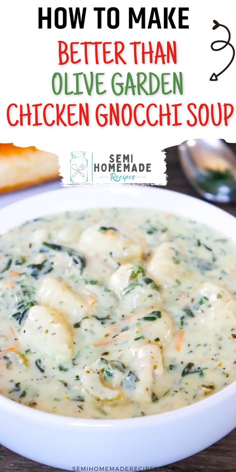 Love the Chicken Gnocchi Soup from Olive Garden? If so, you're going to fall head over heals for this Olive Garden Copycat recipe! This soup is Better Than Olive Garden Chicken Gnocchi Soup and it's full of flavor, chicken and gnocchi! Chicken Soup Olive Garden Gnocchi, Chicken Meatball Gnocchi Soup, Gnocchi Soup No Meat, Chicken Noke Soup, Chicken And Nokia Olive Garden, Creamy Nochi Soup, Copycat Olive Garden Chicken Gnocchi Soup Crockpot, Copycat Chicken And Gnocchi Soup, Olive Garden Chicken Tortellini Soup