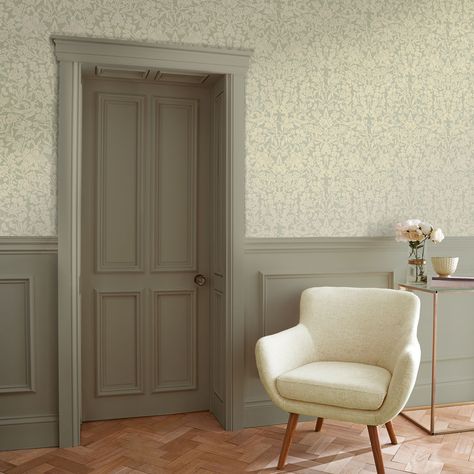 White Panelling Green Walls, Sage Green Wainscotting, Living Room With Beadboard, Hallway Panelling And Wallpaper, Panelled Walls With Wallpaper, Wallpaper Inside Paneling, Wallpaper Feature Wall Living Room, Green Wallpaper Living Room, Wallpaper And Panelling