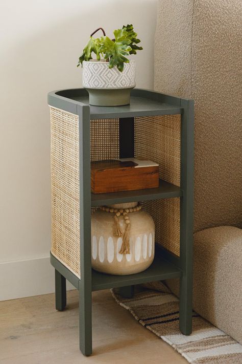 Side Bed Table Ideas Bedrooms, Mid Century Side Table Living Room, Fun End Tables, Unique Side Table Living Room, Olive Green Side Table, Best End Tables For Living Room, Nightstand Ideas For Small Spaces, Side Table Alternatives, Small Space Nightstand Ideas