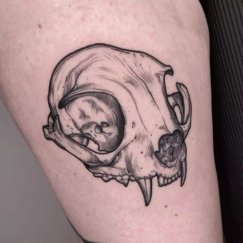 50+ Cat Skull Tattoos That Are Actually Good Cat Skull Tattoo, Tattoo Gato, Thigh Tattoo Ideas, Rat Tattoo, Tattoo Ideas Inspiration, Bone Tattoos, Skeleton Tattoos, 4 Tattoo, Spooky Tattoos