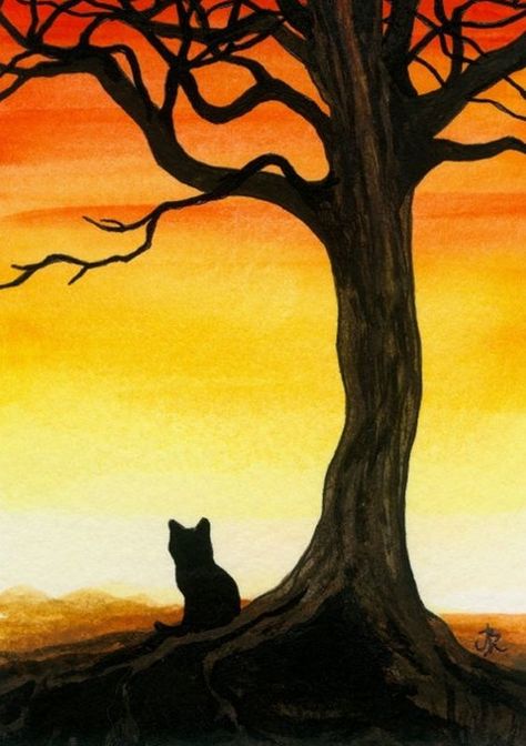 30 Easy Landscape Painting Ideas for Beginners, Easy Oil Painting Idea – Paintingforhome Black Cat Autumn, Easy Landscape Paintings, View Art, Silhouette Painting, Simple Canvas Paintings, Moon Painting, Easy Canvas Painting, Halloween Painting, Tableau Art