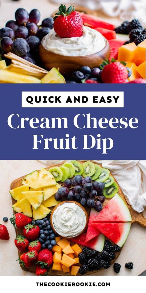 This Quick and Easy Cream Cheese Fruit Dip is a simple and delicious dip that pairs perfectly with fresh fruit. A must-have for your next party or dessert platter! Pop over to our site for this easy recipe! How To Make Fruit Dip With Cream Cheese, Sprinkle Fruit Dip, White Fruit Dip, Recipe Fruit Dip, Fruit Dip Recipe Cream Cheese, Fruit Dip No Marshmallow Cream, Cream Cheese Cool Whip Fruit Dip, Fruit Platter Dip Recipes, Fruit Dip With Cottage Cheese