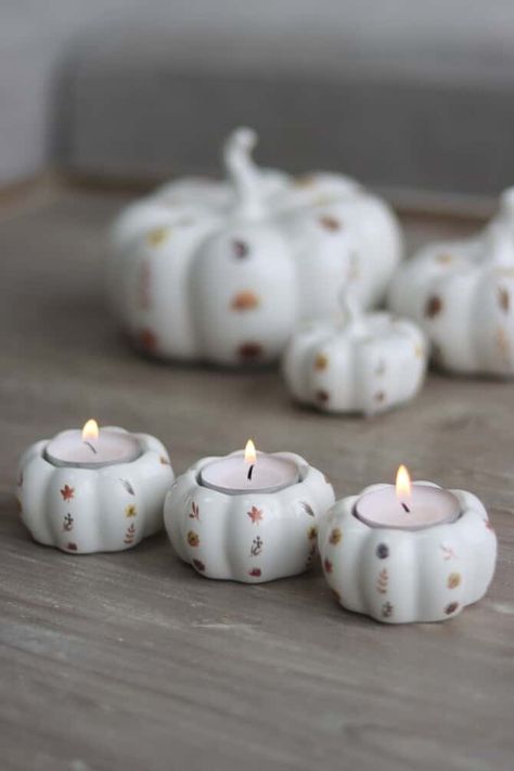 Home Decor Shop | Shabby Chic Gifts - Pretty Little Home Polymer Clay Tealight Holder, Ceramic Candle Holders Ideas, Pumpkin Ceramic, Pumpkin Tea Lights, Pumpkin Candle Holder, Air Clay, Pumpkin Tea, Shabby Chic Gifts, Pretty Pumpkins