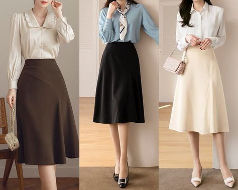 I haven't tried them yet Korean Formal Attire, Formal Skirt Outfit, Formal Midi Skirt, Star Oc, Office Skirt Outfit, Brown Skirt Outfit, Skirt Outfits Korean, Flare Midi Skirt, Elegantes Outfit Damen