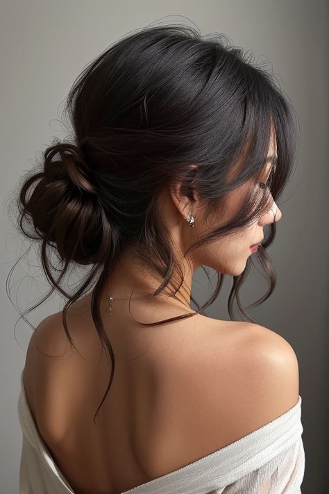 Messy Bun Down Low, Bridesmaid Hair Updo Curtain Bangs, Messy Side Updo, Textured Twist Updo, Hair Up With Bangs Wedding, Wedding Updos For Long Hair Dark Brown, Simple Low Updo Wedding, Bridal Bun With Curtain Bangs, Updos For Moms Of The Bride