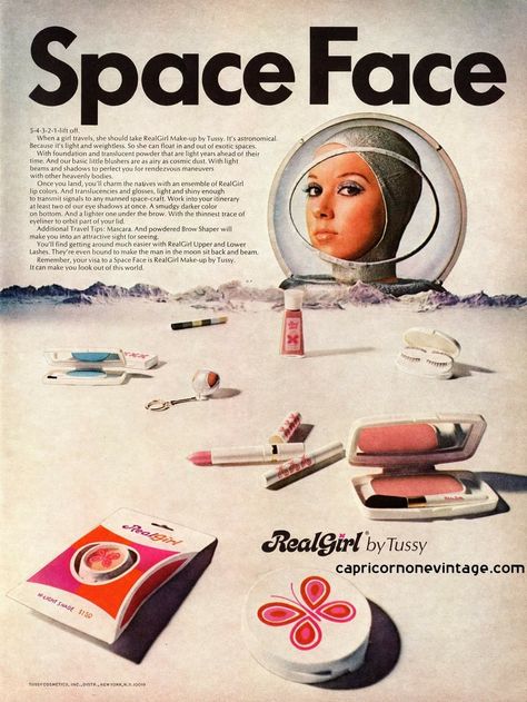 Space face. 60s Space Age, Vintage Makeup Ads, Photowall Ideas, Makeup Ads, Roller Disco, Retro Makeup, Retro Beauty, Beauty Ad, Vintage Cosmetics