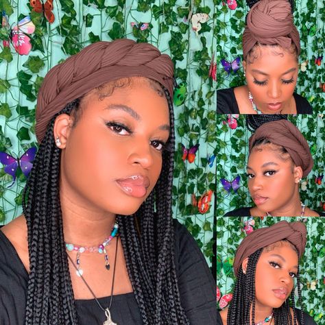 Headwrap Box Braids, Braid Headwrap Styles, Box Braid Styles With Scarf Head Wraps, Styling Box Braids With Scarf Head Wraps, Cute Headwrap Styles With Braids, Braids With Headwrap Black Women, Headwrap Styles With Braids, Hair Accesorios, Doek Styles