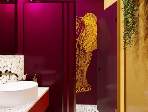 Indian Restaurant Design, Modern Indian Restaurant, Magenta Walls, Architecture Structure, Indian Interior Design, Dark Green Walls, Indian Theme, Restroom Design, Indian Interiors