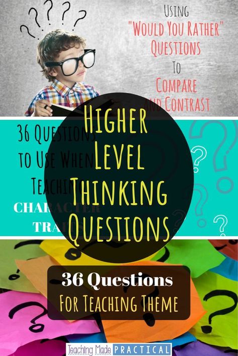 Higher level thinking questions take planning and preparation - use these questions and question stems to help promote higher level thinking and discussion with your upper elementary students (third, fourth, and fifth grade). There are questions for teaching theme, comparing and contrasting, character traits, text features, point of view, and more. Many of the questions are based off of Bloom's Taxonomy (or revised Bloom's Taxonomy) #higherlevelthinking #teaching #questions Higher Order Thinking Questions, Teaching Theme, Teaching Reading Skills, Question Stems, Reading Questions, Bloom's Taxonomy, Critical Thinking Questions, Teaching Themes, Blooms Taxonomy