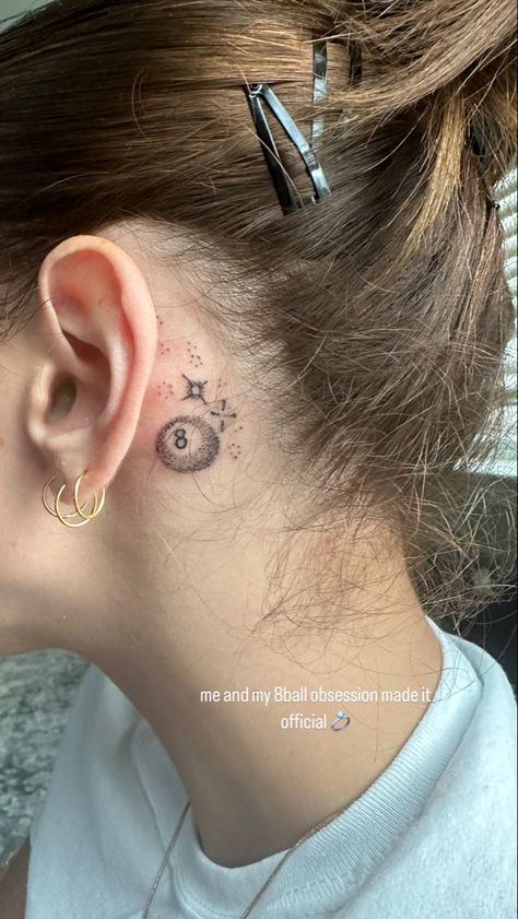 8 Ball Tattoo Behind Ear, Cherry Eight Ball Tattoo, Magic 8 Ball Tattoo Small, 8 Ball Meaning, Behind Ear Tattoo Music, Cherry 8 Ball Tattoo, 8 Ball Cherry Tattoo, 8 Ball Tattoo Small, 8 Ball Tattoo Design