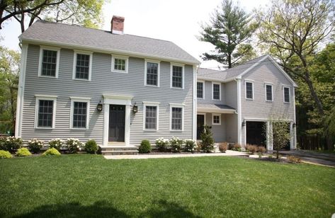 Colonial Addition Over Garage, Landscaping Ideas For Colonial Homes, Colonial Modern Exterior, Gray Colonial House, Grey Colonial House Exterior, Gray Colonial House Exterior, House Without Shutters, Colonial Garage, House Exterior Colonial