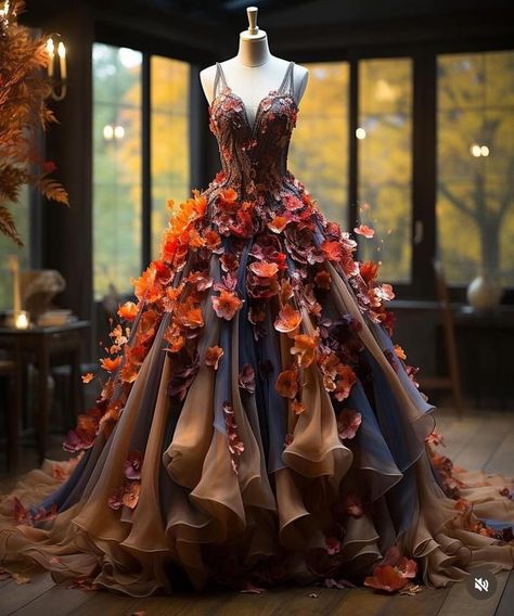 Fall Gowns, Fae Ball, Fae Fashion, Dress Armor, Ball Dress Ideas, Fae Aesthetic, Masquerade Ball Gowns, Autumn Court, Flower Gown